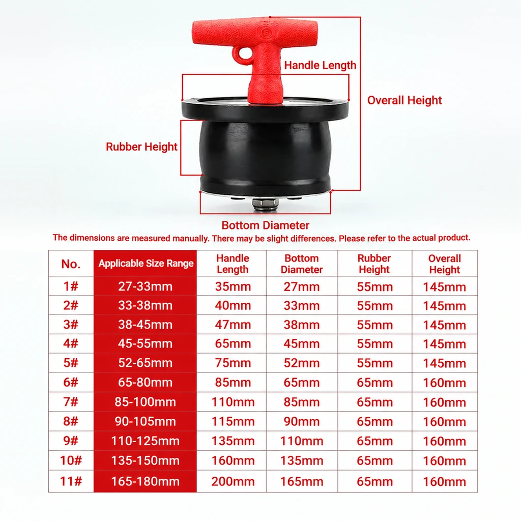 Dimension diagram and 11-size chart for red T-handle expandable rubber pipe plugs