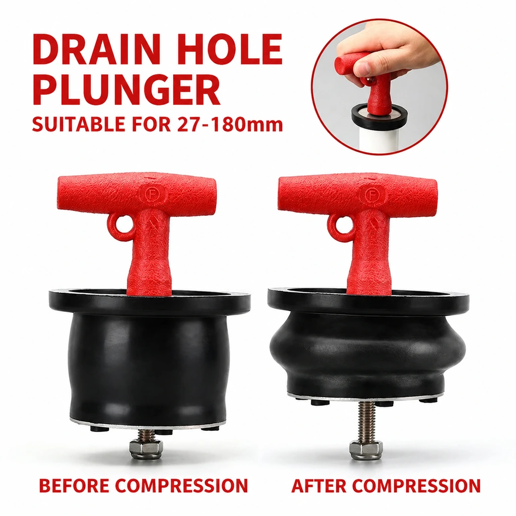 Red T-handle rubber pipe plug before compression and after the rubber body expands outward