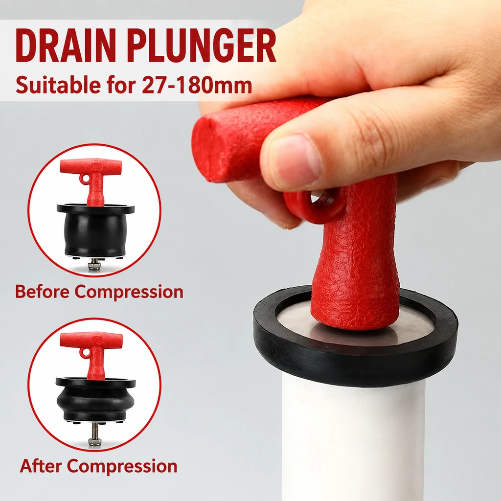 Red T-handle expansion plug positioned at a pipe opening, with uncompressed and expanded views