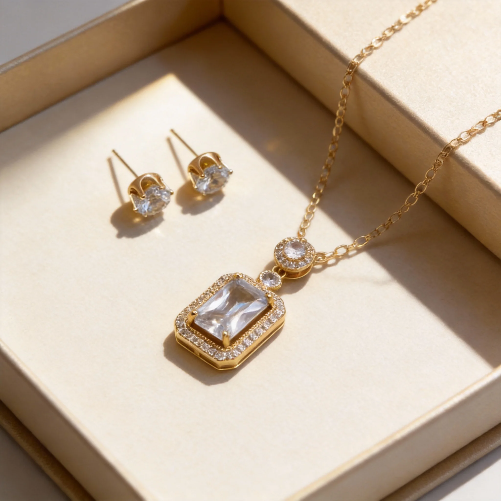 sky blue cubic zirconia square pendant necklace & earring set