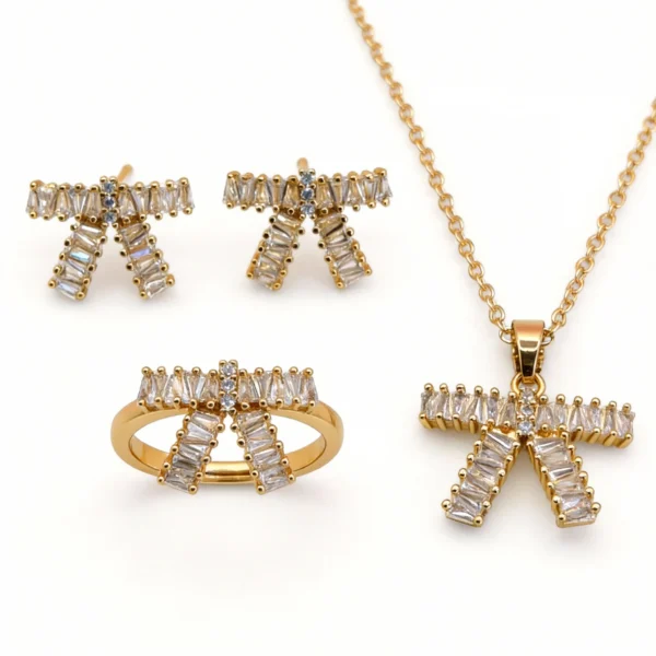 18k gold plated full pave baguette cz bow jewelry 3 piece set