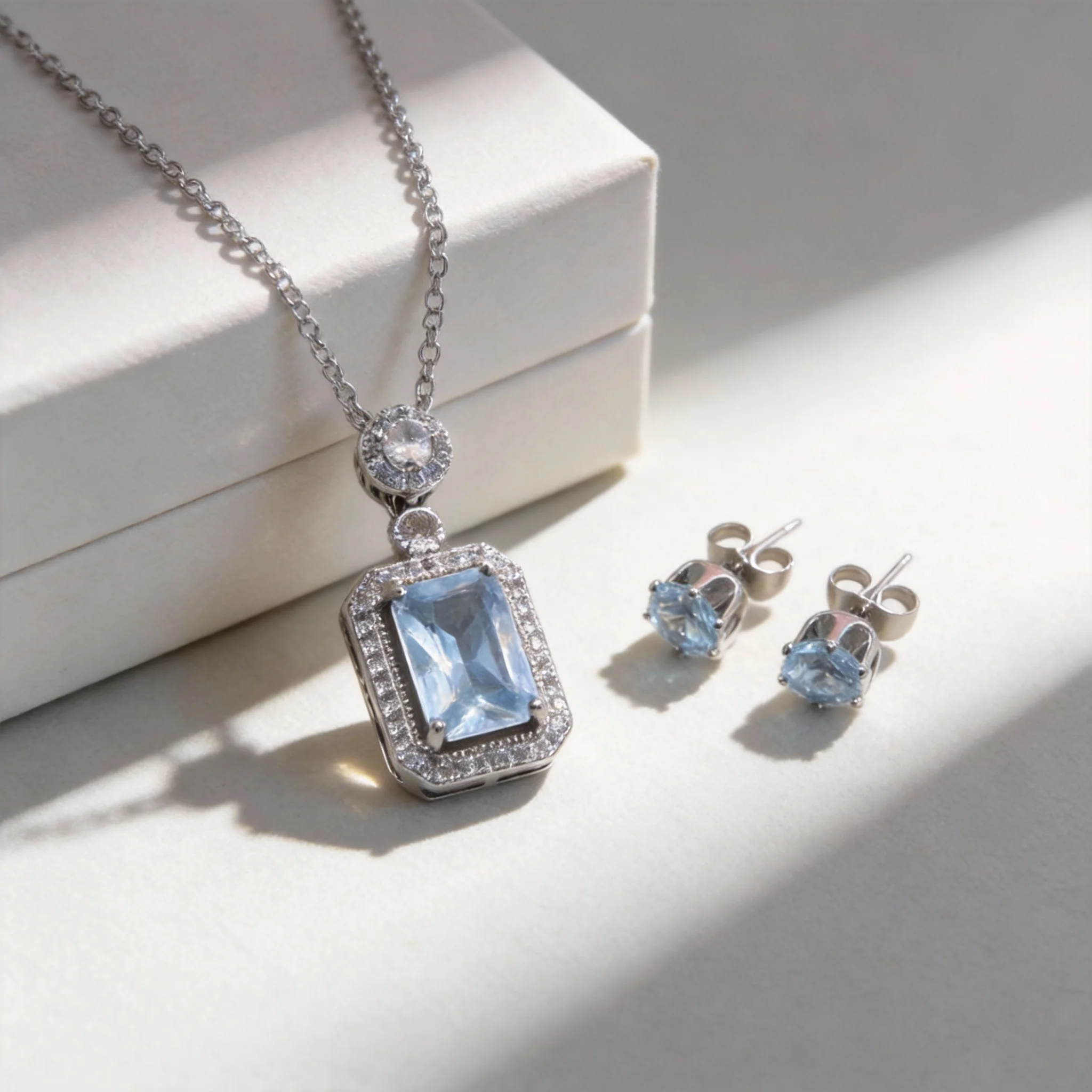 sky blue cubic zirconia square pendant necklace & earring set