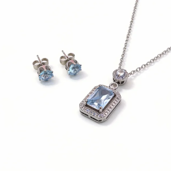 sky blue cubic zirconia square pendant necklace & earring set