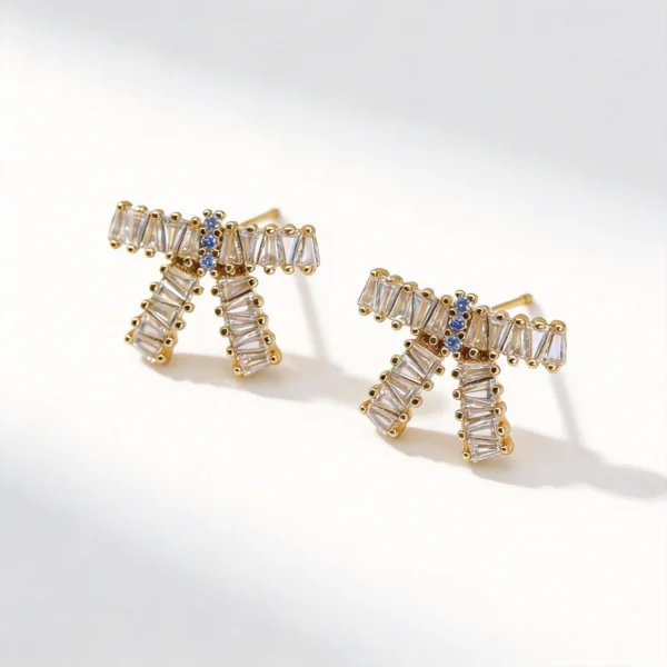 18k gold plated full pave baguette cz bow jewelry 3 piece set